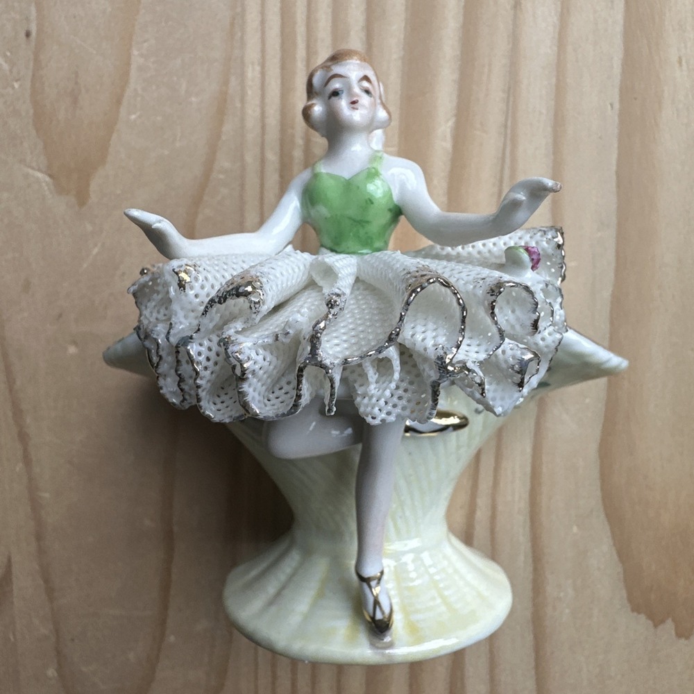 VTG Ucagco Ballerina Basket 3.5 Inch Hand Painted Porcelain Japan Dancer Rare